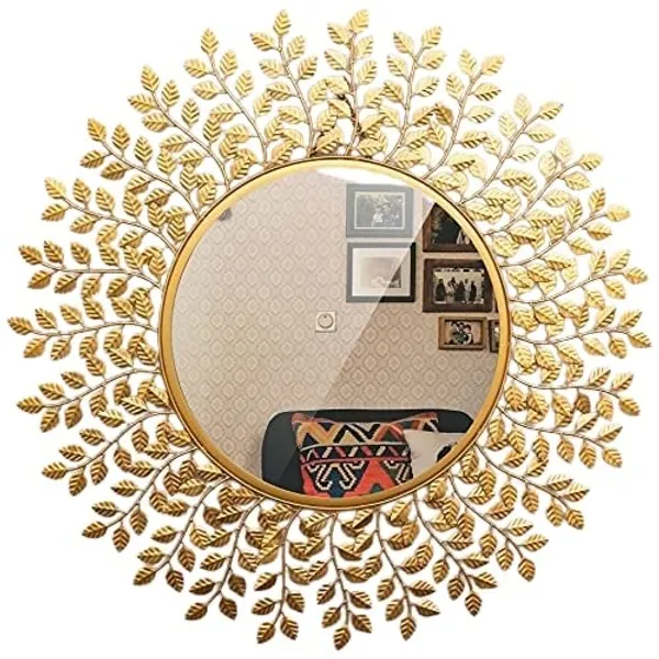 Gold_Alloy_Steel_Designer_Frame_Beautiful_Leaf_Framed_Round_Antique_Mirror