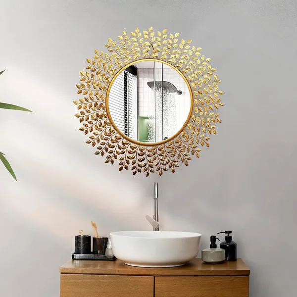 Gold_Alloy_Steel_Designer_Frame_Beautiful_Leaf_Framed_Round_Antique_Mirror