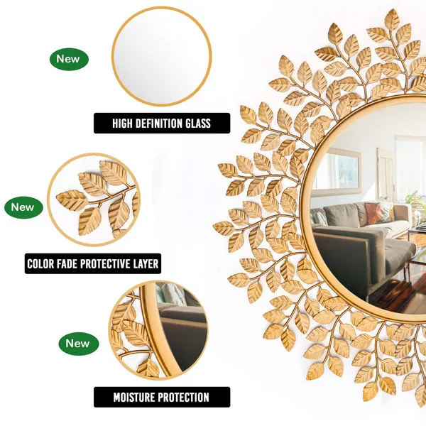 Gold_Alloy_Steel_Designer_Frame_Beautiful_Leaf_Framed_Round_Antique_Mirror