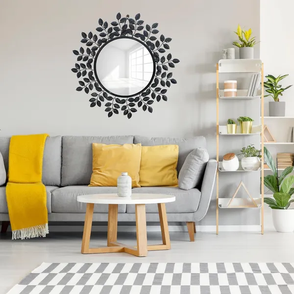 Shiny_Black_Designer_Leaf_Framed_Round_Mirror