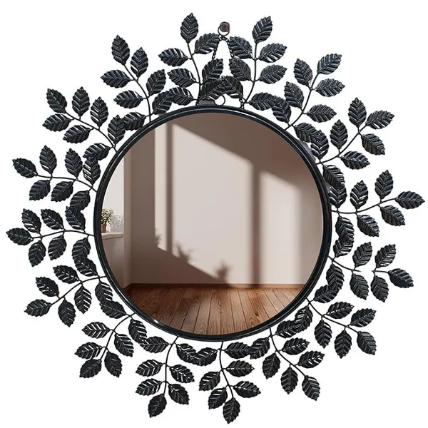 Shiny_Black_Designer_Leaf_Framed_Round_Mirror