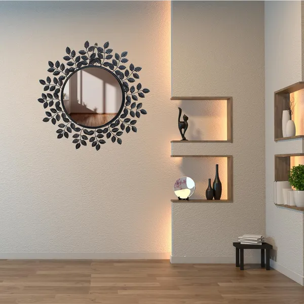 Shiny_Black_Designer_Leaf_Framed_Round_Mirror