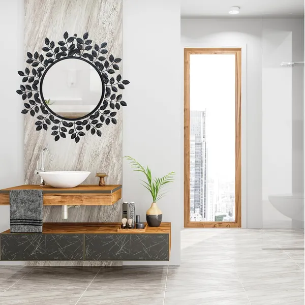 Shiny_Black_Designer_Leaf_Framed_Round_Mirror