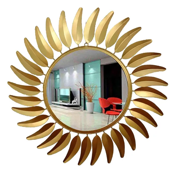 Gold_Glass_Mild_Steel_Round_3D_Designer_Leaf_Wall_Mirror