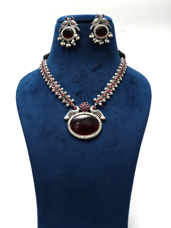 Red_Silver_Monalisa_Stone_Necklace_Set_With_Earrings