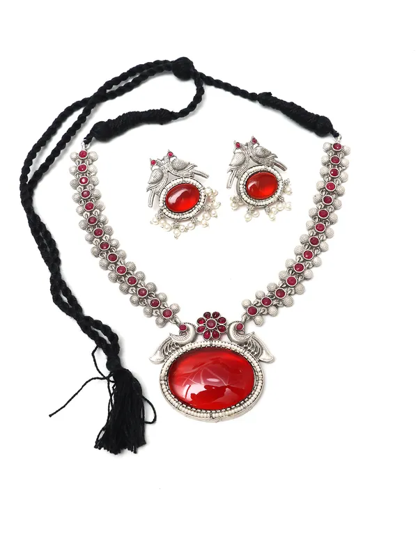 Red_Silver_Monalisa_Stone_Necklace_Set_With_Earrings