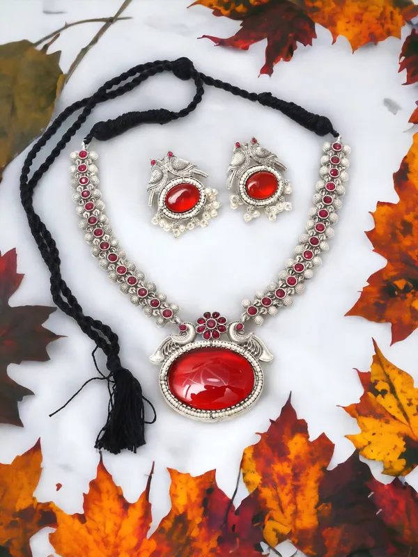 Red_Silver_Monalisa_Stone_Necklace_Set_With_Earrings