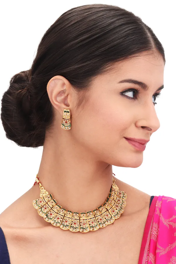 Antique_Finish_Charm_Necklace_With_Earrings_For_Women_|_Golden