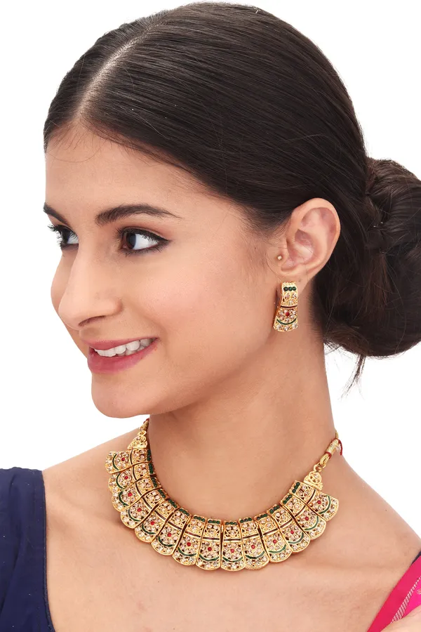 Antique_Finish_Charm_Necklace_With_Earrings_For_Women_|_Golden