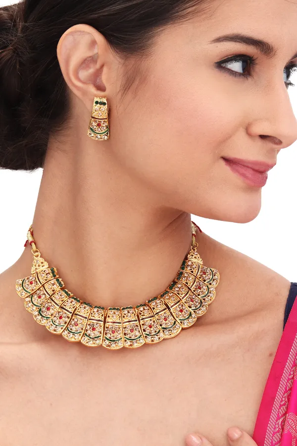 Antique_Finish_Charm_Necklace_With_Earrings_For_Women_|_Golden