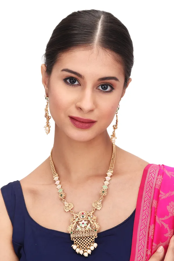 Antique_Chain_Necklace_With_Earrings_For_Women_|_Golden