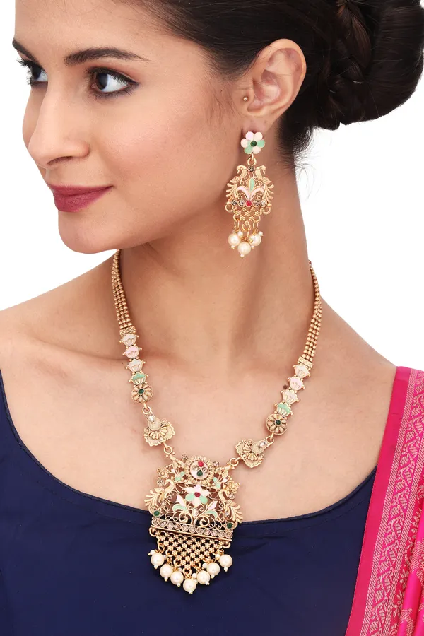 Antique_Chain_Necklace_With_Earrings_For_Women_|_Golden