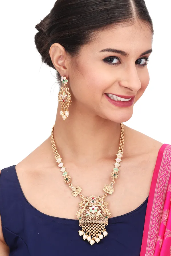 Antique_Chain_Necklace_With_Earrings_For_Women_|_Golden