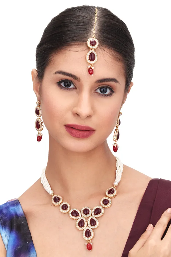 Trendy_Geometric_Pendant_Necklace_With_Earrings_For_Women_|_Red