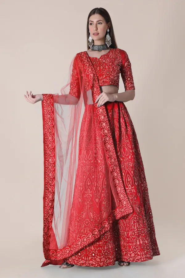 Red_Thread_Work_Lehenga_Choli_With_Dupatta_For_Women