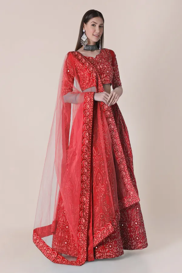 Red_Thread_Work_Lehenga_Choli_With_Dupatta_For_Women