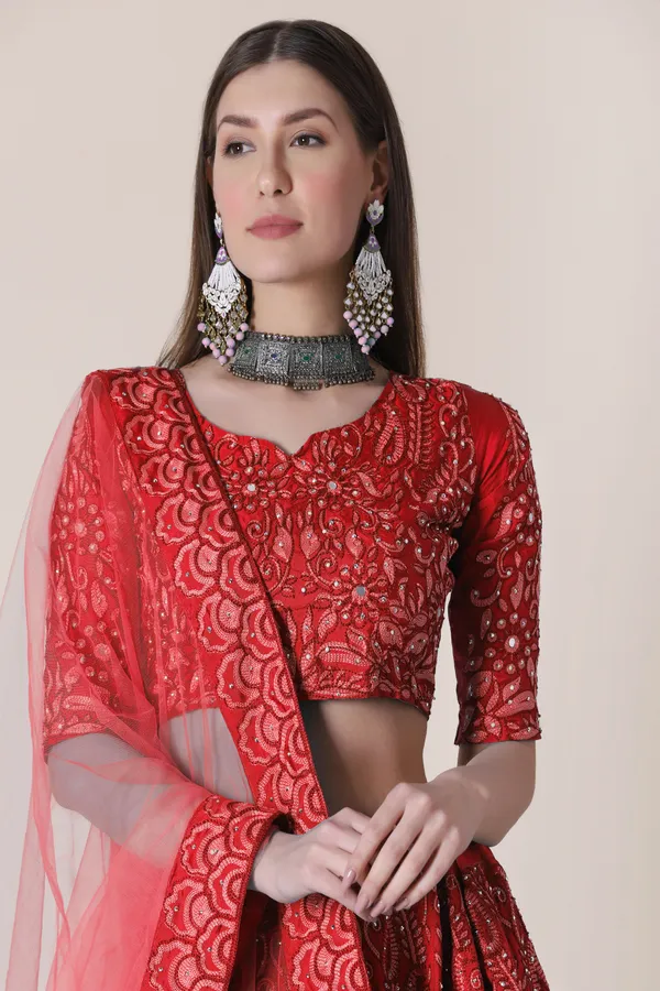 Red_Thread_Work_Lehenga_Choli_With_Dupatta_For_Women