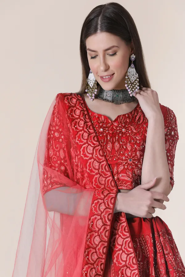 Red_Thread_Work_Lehenga_Choli_With_Dupatta_For_Women