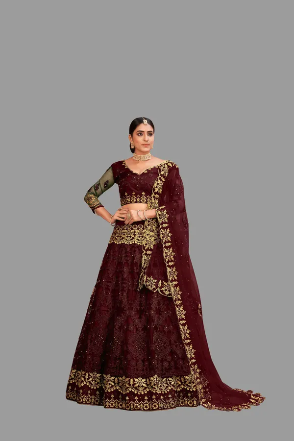 Maroon_Thread_Work_Lehenga_Choli_With_Dupatta_For_Women