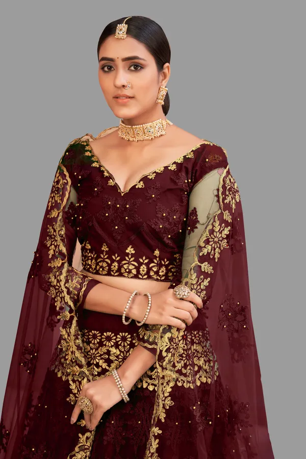 Maroon_Thread_Work_Lehenga_Choli_With_Dupatta_For_Women
