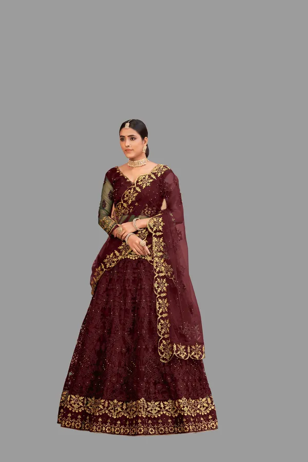 Maroon_Thread_Work_Lehenga_Choli_With_Dupatta_For_Women