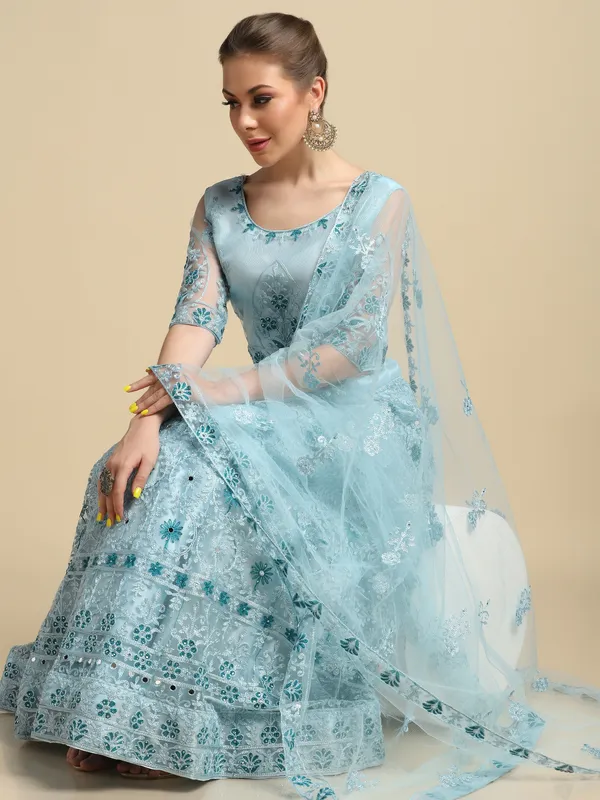 Sky_Blue_Thread_/Mirror_Work_Lehenga_Choli_With_Dupatta_For_Women