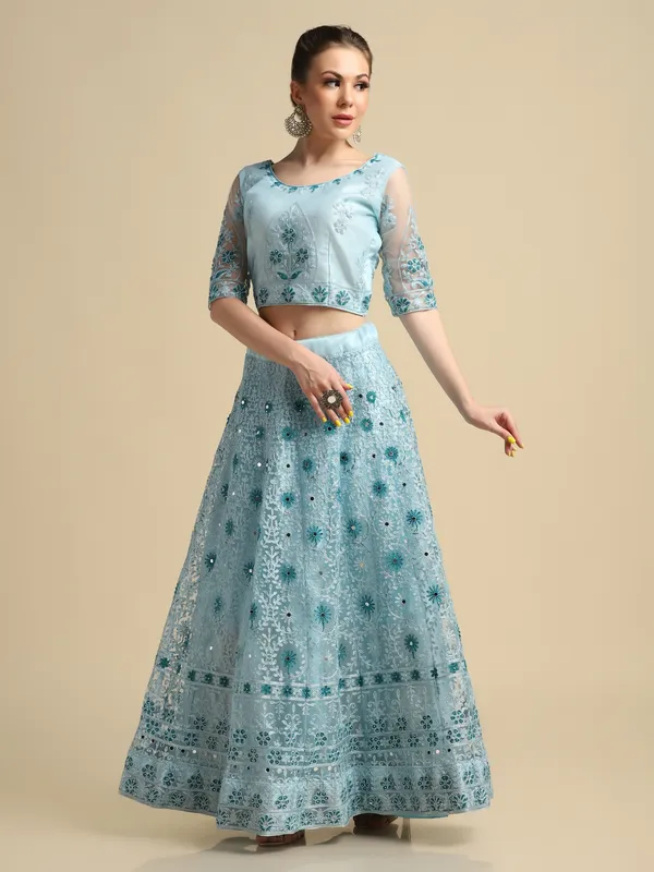 Sky_Blue_Thread_/Mirror_Work_Lehenga_Choli_With_Dupatta_For_Women