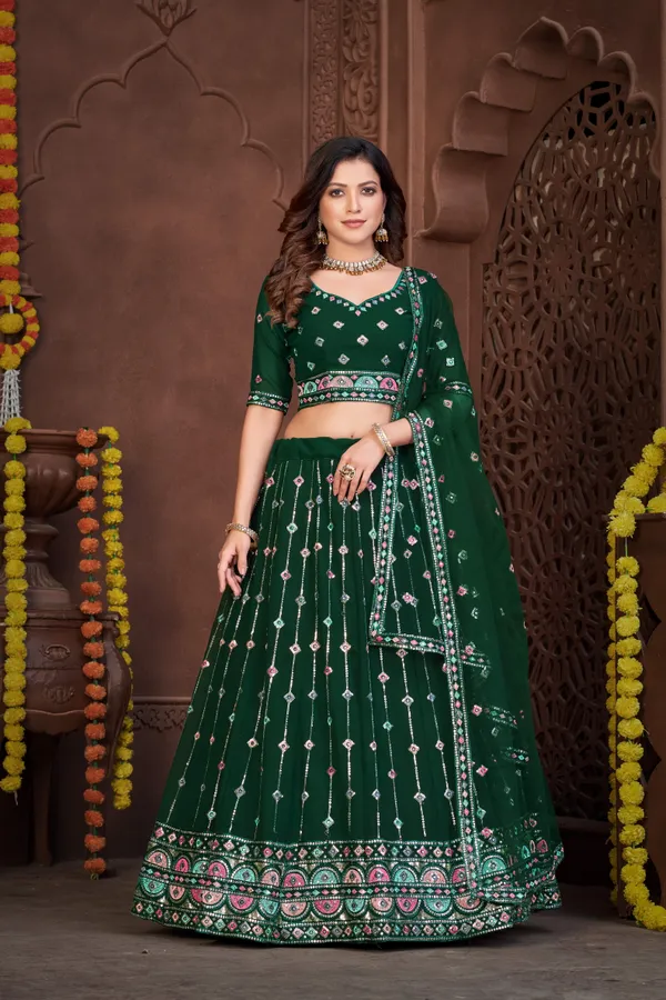 Dark_Green_Thread_Work_Lehenga_Choli_With_Dupatta_For_Women