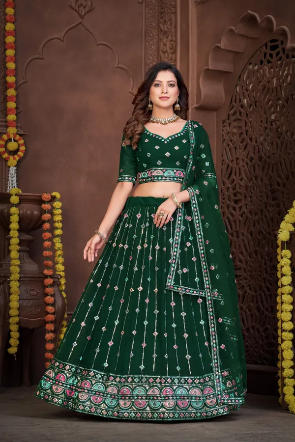Dark_Green_Thread_Work_Lehenga_Choli_With_Dupatta_For_Women