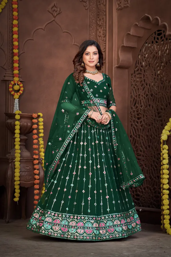 Dark_Green_Thread_Work_Lehenga_Choli_With_Dupatta_For_Women