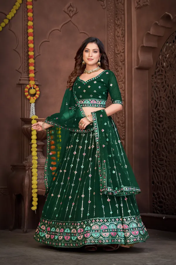 Dark_Green_Thread_Work_Lehenga_Choli_With_Dupatta_For_Women