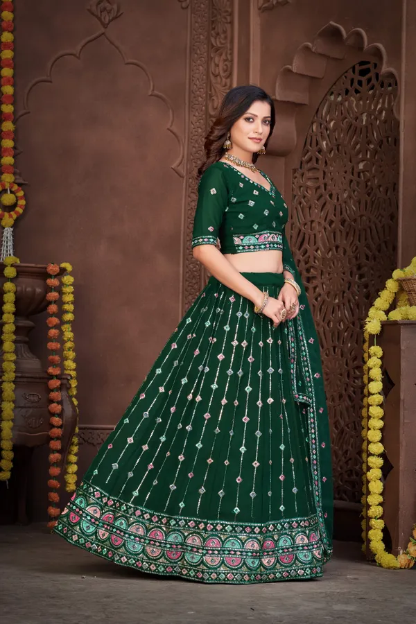 Dark_Green_Thread_Work_Lehenga_Choli_With_Dupatta_For_Women