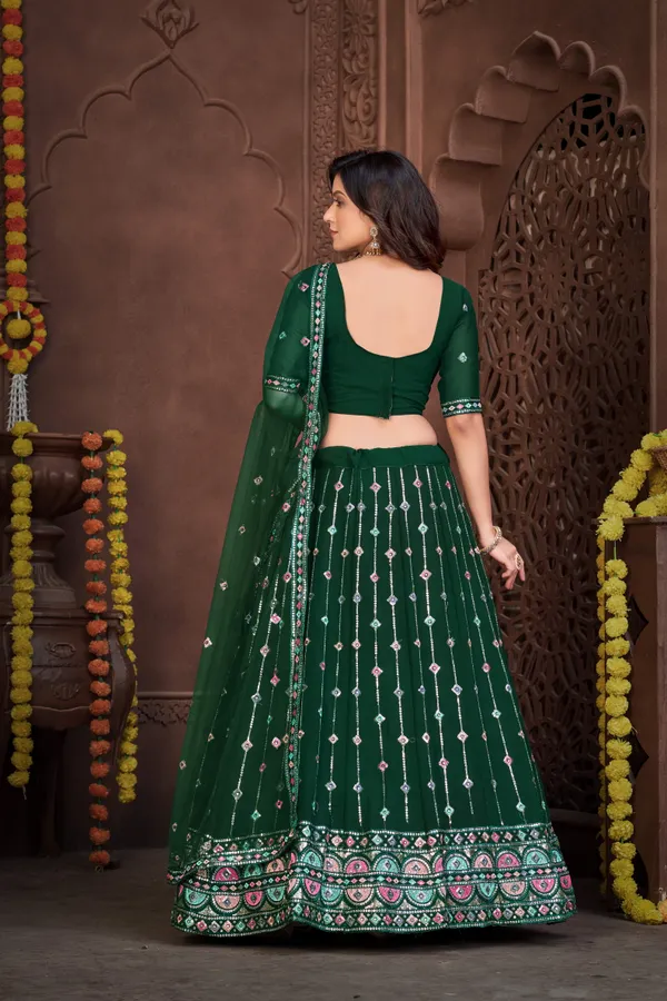 Dark_Green_Thread_Work_Lehenga_Choli_With_Dupatta_For_Women