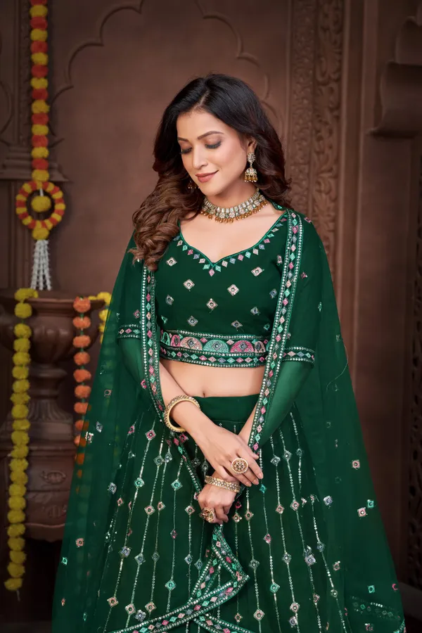 Dark_Green_Thread_Work_Lehenga_Choli_With_Dupatta_For_Women