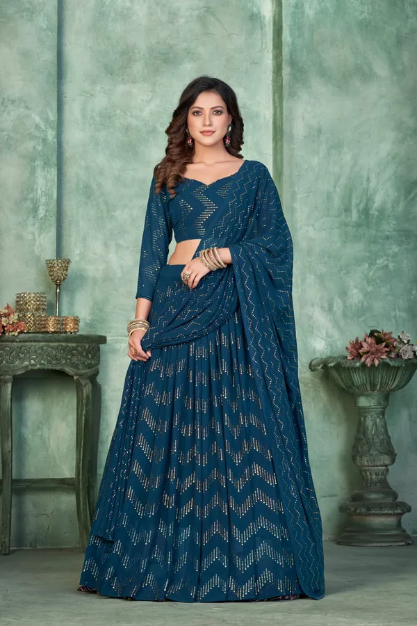 Aque_Blue_Thread_Work_Lehenga_Choli_With_Dupatta_For_Women