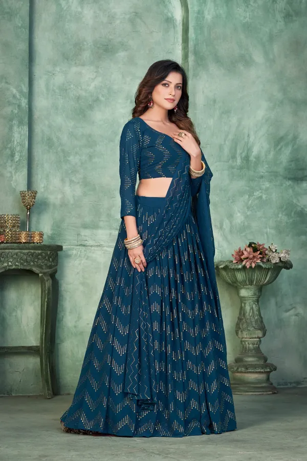 Aque_Blue_Thread_Work_Lehenga_Choli_With_Dupatta_For_Women