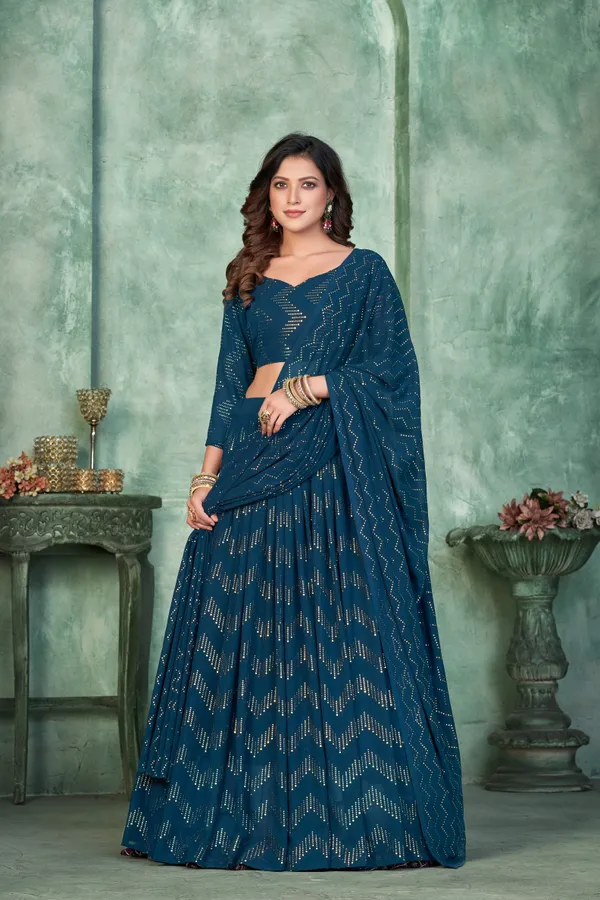 Aque_Blue_Thread_Work_Lehenga_Choli_With_Dupatta_For_Women