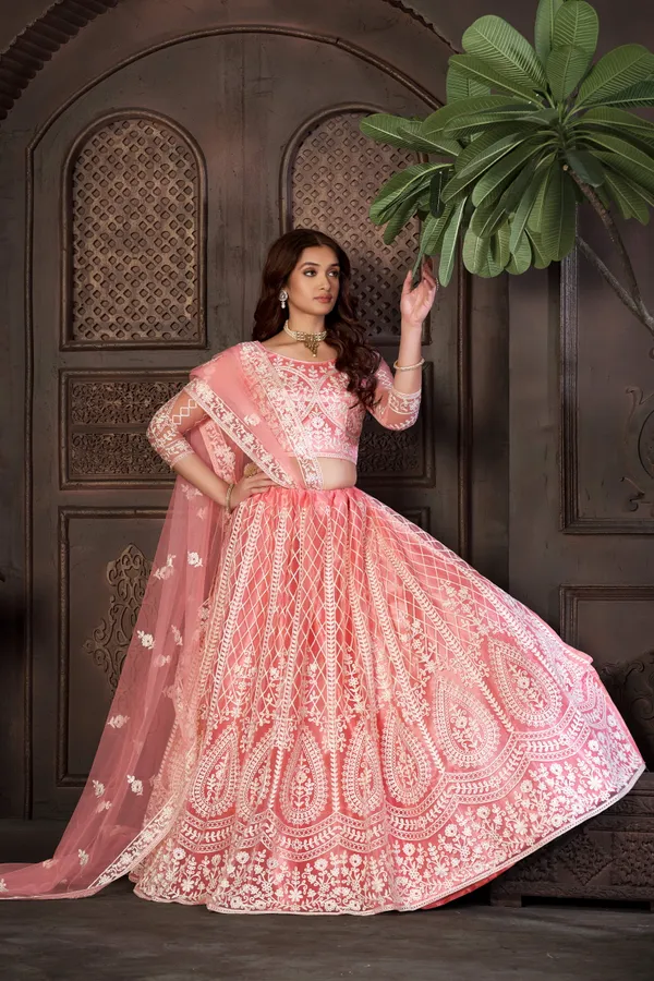 Peach_Thread_Work_Lehenga_Choli_With_Dupatta_For_Women