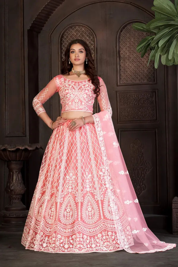 Peach_Thread_Work_Lehenga_Choli_With_Dupatta_For_Women