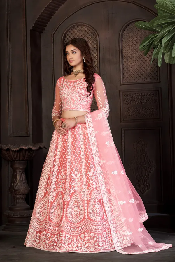 Peach_Thread_Work_Lehenga_Choli_With_Dupatta_For_Women