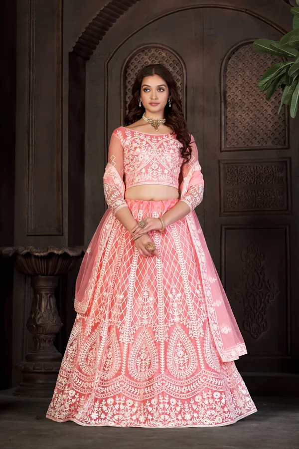 Peach_Thread_Work_Lehenga_Choli_With_Dupatta_For_Women