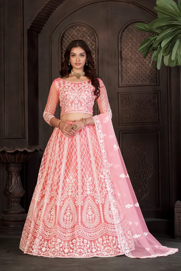 Peach_Thread_Work_Lehenga_Choli_With_Dupatta_For_Women