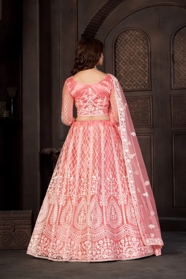 Peach_Thread_Work_Lehenga_Choli_With_Dupatta_For_Women