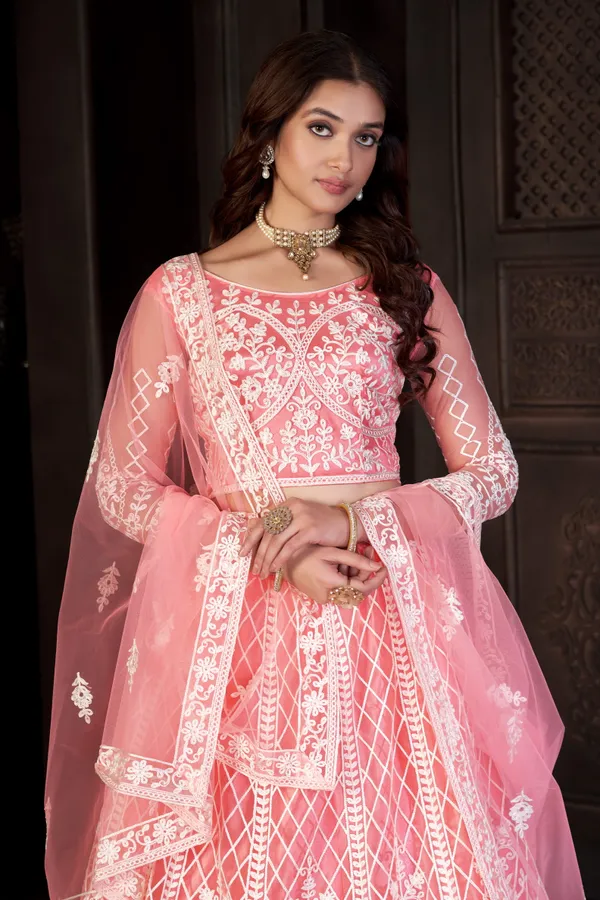 Peach_Thread_Work_Lehenga_Choli_With_Dupatta_For_Women