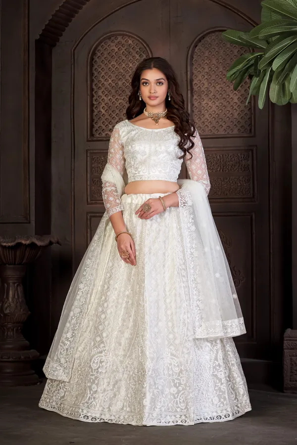 White_Thread_Work_Lehenga_Choli_With_Dupatta_For_Women