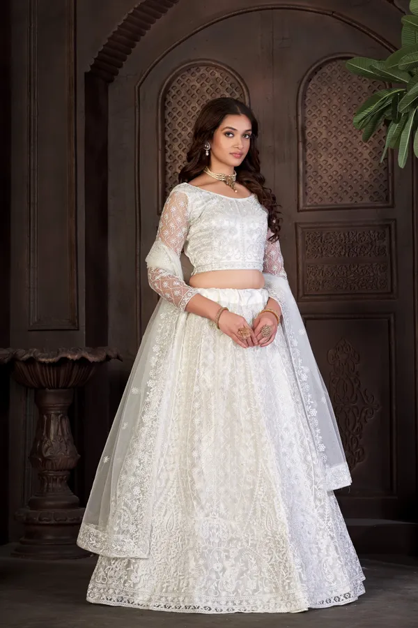 White_Thread_Work_Lehenga_Choli_With_Dupatta_For_Women