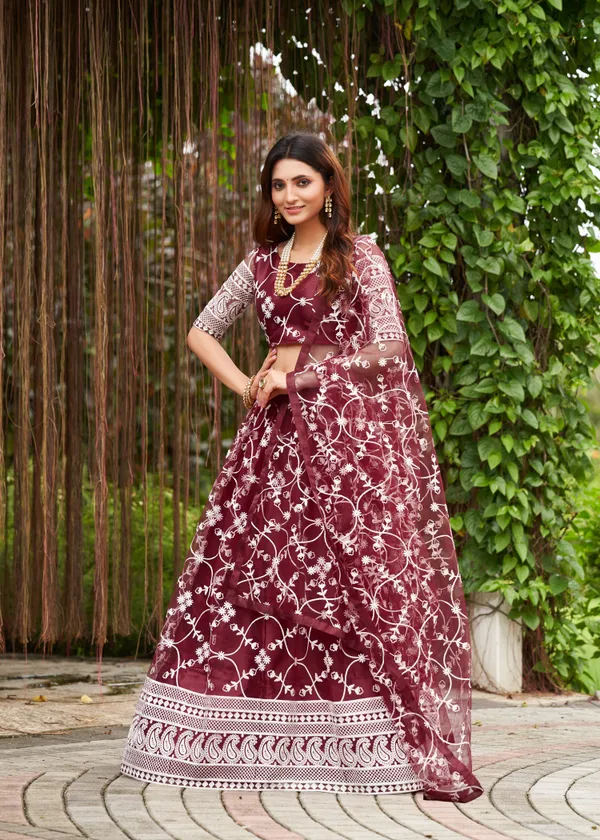 Maroon_Thread_Work_Lehenga_Choli_With_Dupatta_For_Women