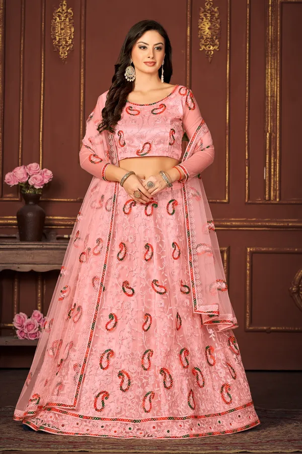 Peach_Embroidery_Work_Lehenga_Choli_With_Dupatta_For_Women
