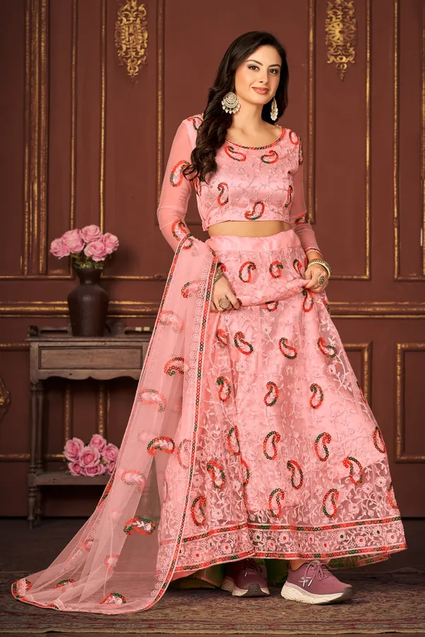 Peach_Embroidery_Work_Lehenga_Choli_With_Dupatta_For_Women