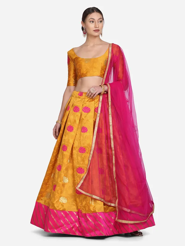 Yellow&Pink_Woven_Lehenga_Choli_With_Dupatta_For_Women